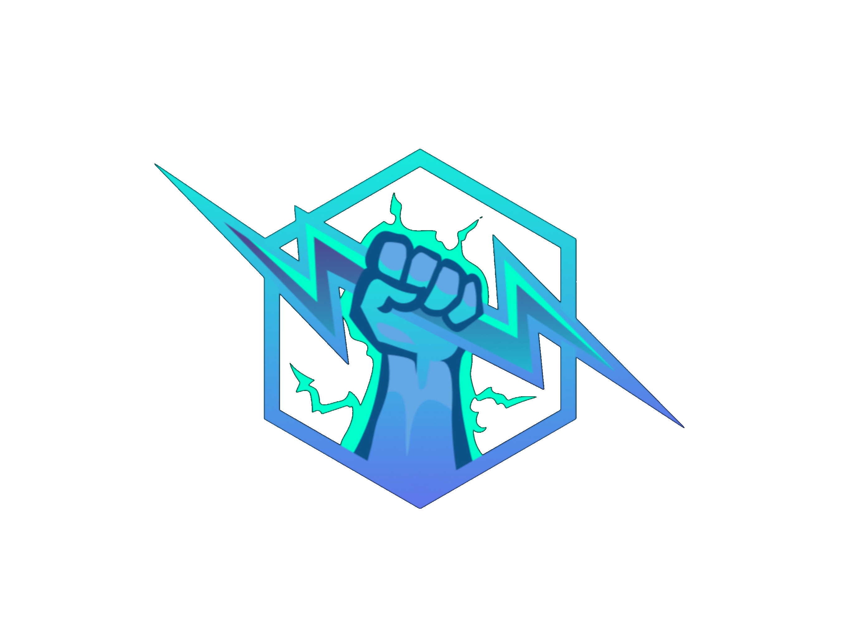 a blue and green logo with a fist and lightning bolt